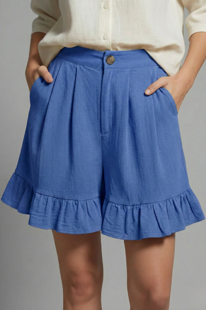 Alethea | Women’s High Waist Ruffle Hem Casual Shorts in Light Brown Linen
