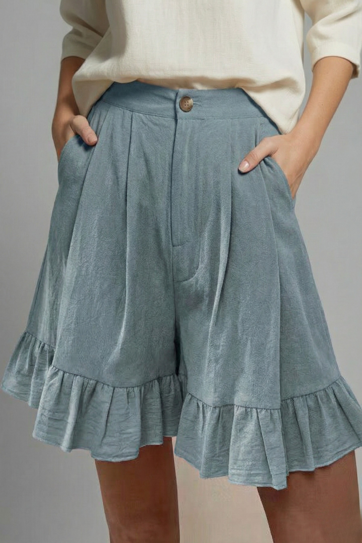 Alethea | Women’s High Waist Ruffle Hem Casual Shorts in Light Brown Linen