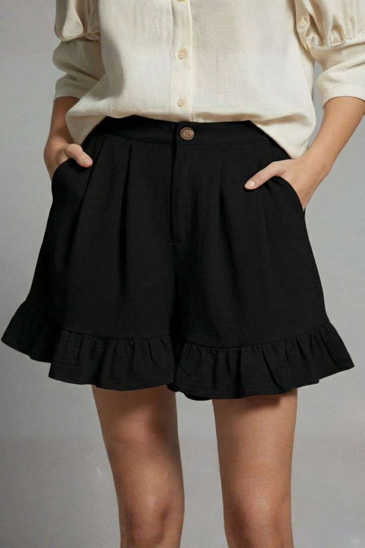 Alethea | Women’s High Waist Ruffle Hem Casual Shorts in Light Brown Linen
