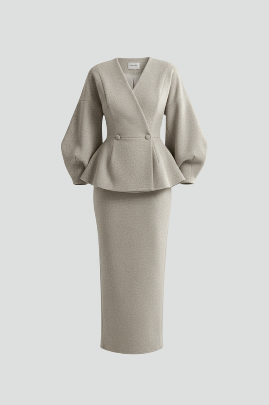 Alethea | Women’s V-Neck Blazer and Skirt Set - Beige Peplum