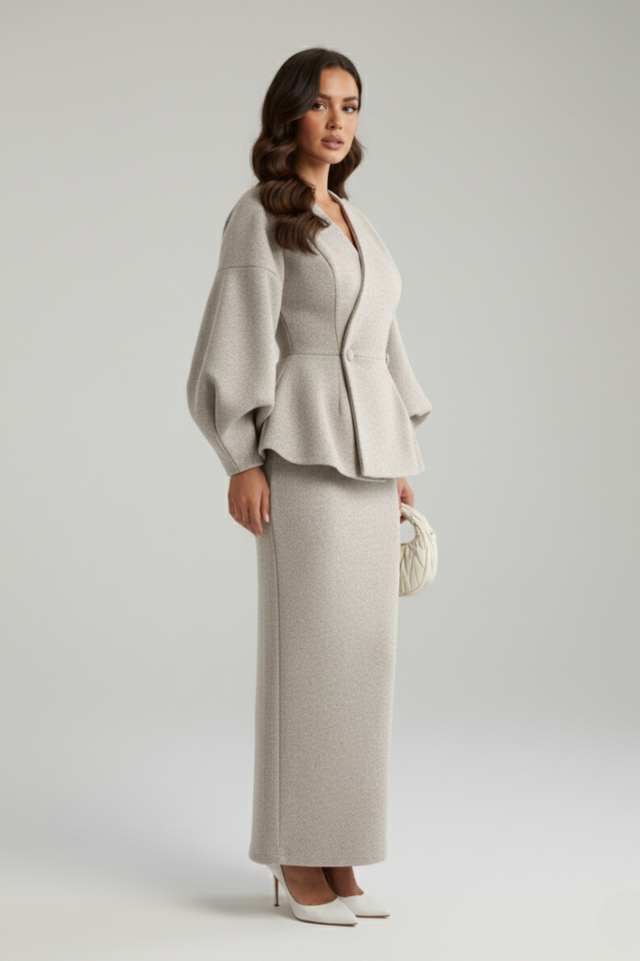 Alethea | Women’s V-Neck Blazer and Skirt Set - Beige Peplum