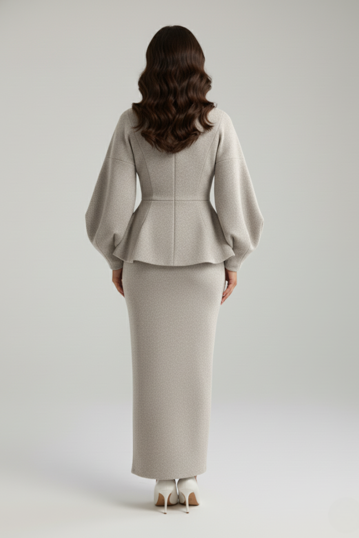 Alethea | Women’s V-Neck Blazer and Skirt Set - Beige Peplum