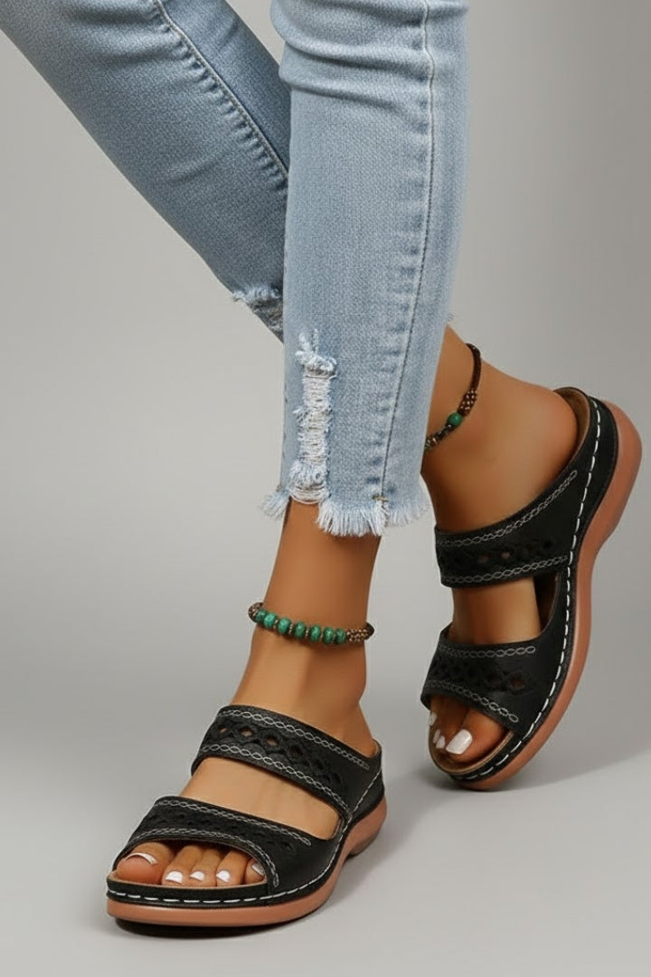 Alethea | Women’s Slide Sandals with Dual Straps and Decorative Cutouts in Vibrant Red Leather