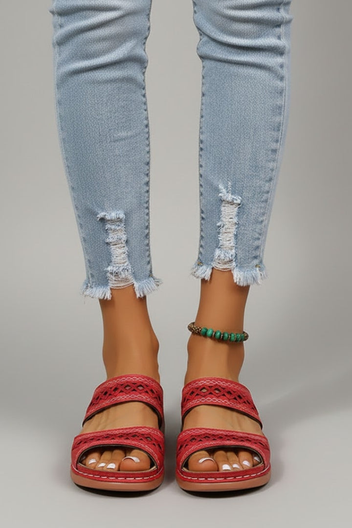 Alethea | Women’s Slide Sandals with Dual Straps and Decorative Cutouts in Vibrant Red Leather