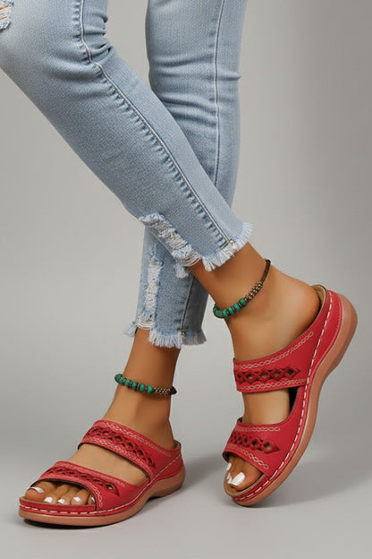 Alethea | Women’s Slide Sandals with Dual Straps and Decorative Cutouts in Vibrant Red Leather