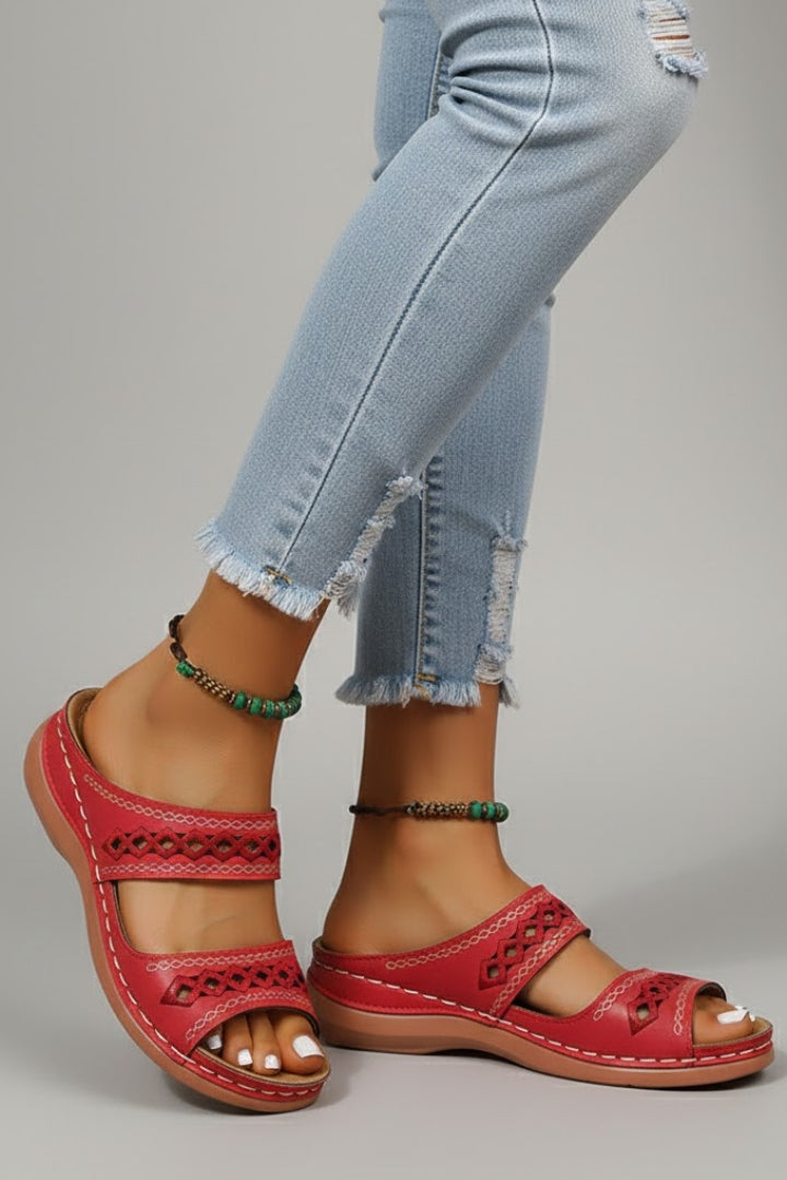 Alethea | Women’s Slide Sandals with Dual Straps and Decorative Cutouts in Vibrant Red Leather