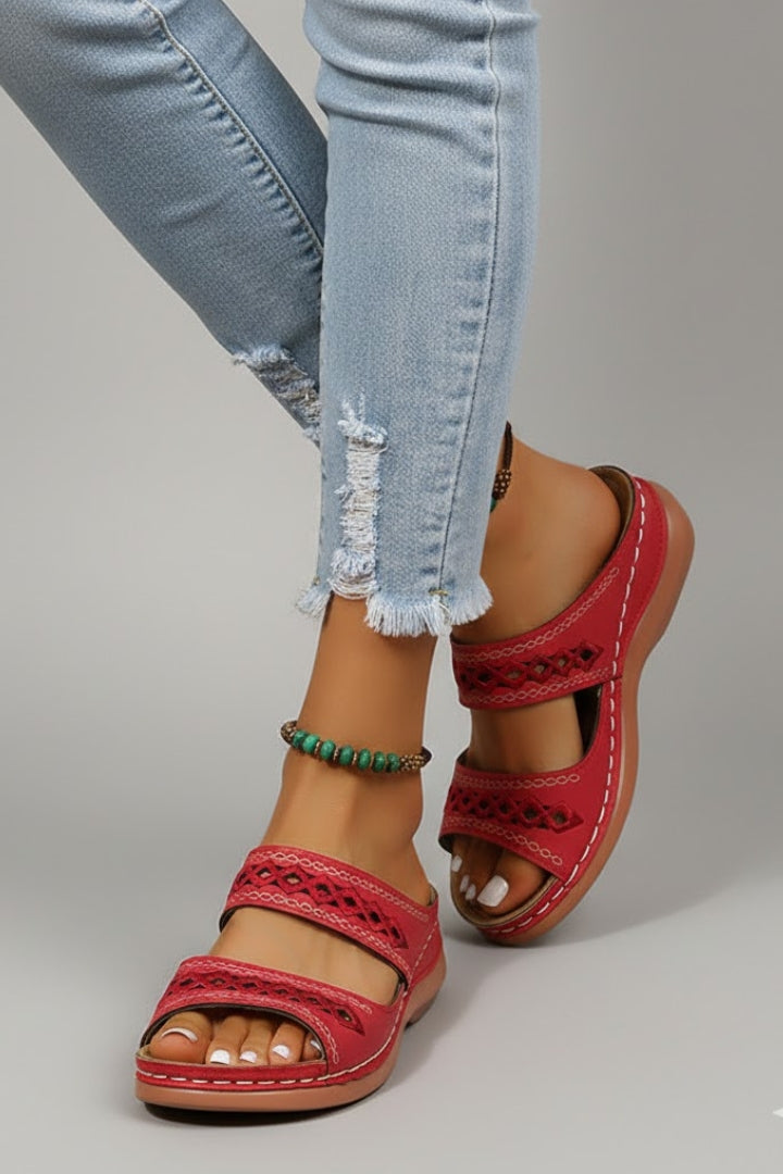 Alethea | Women’s Slide Sandals with Dual Straps and Decorative Cutouts in Vibrant Red Leather