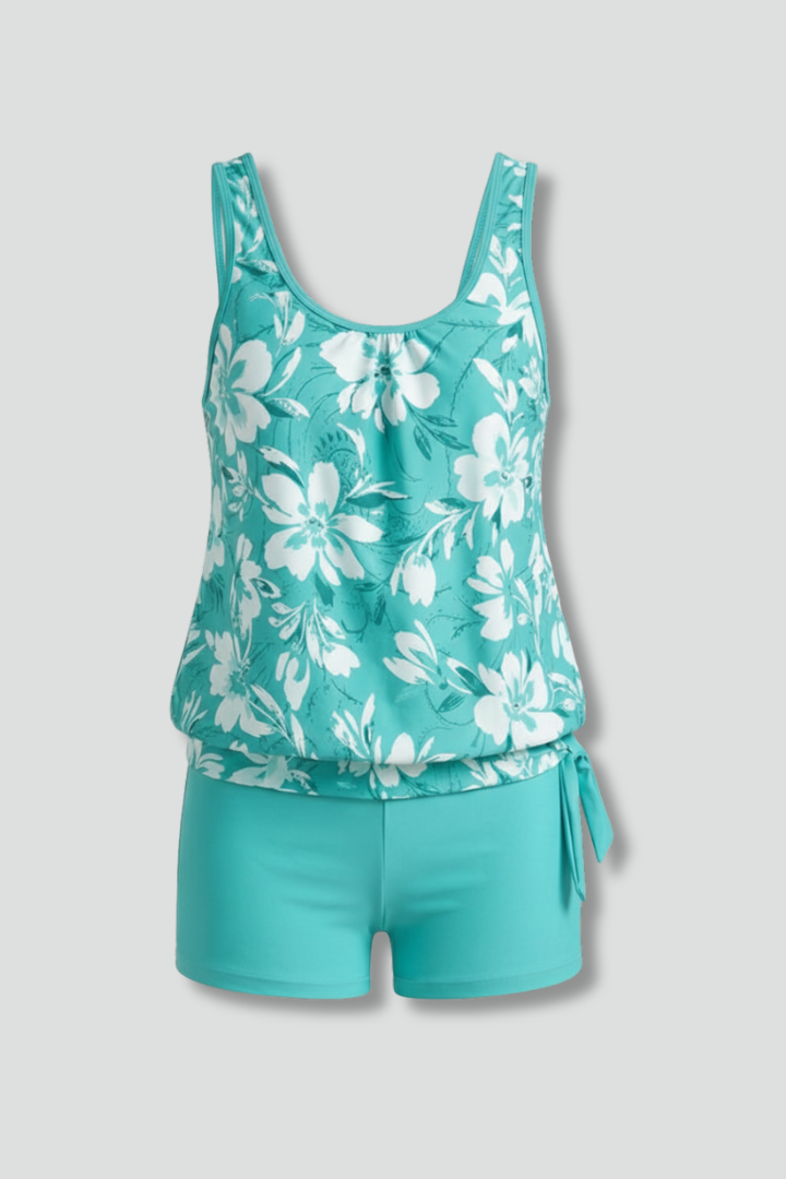 Alethea | Women’s Teal Printed Tankini Set with Shorts