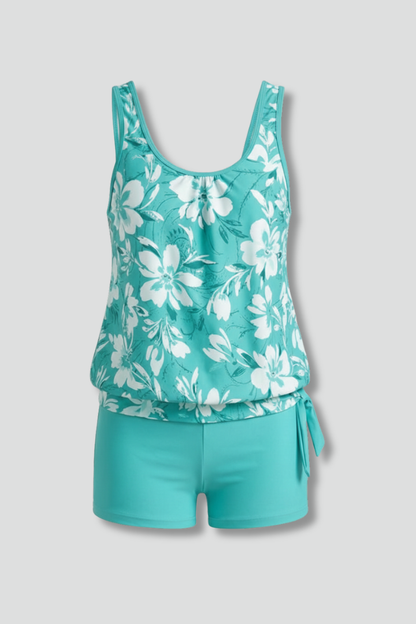 Alethea | Women’s Teal Printed Tankini Set with Shorts