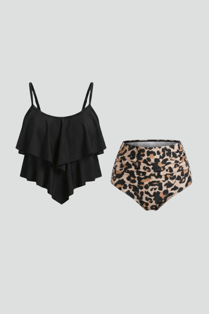Aurora | Women's Ruffle Top Tankini Set with High Waist Bottom - Black & Leopard