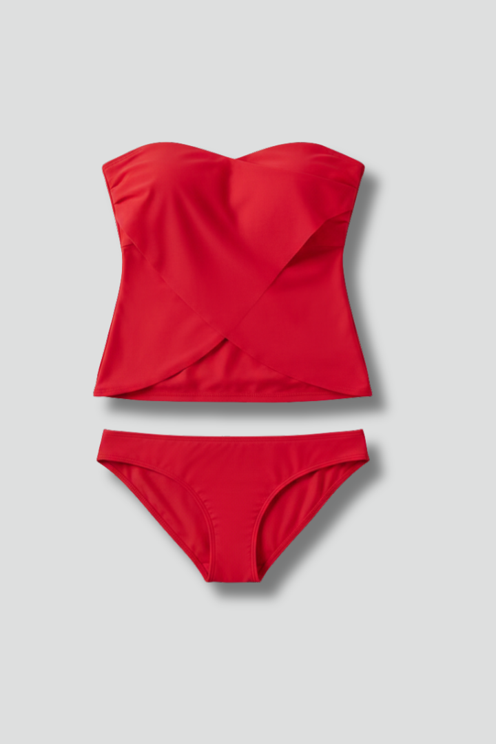 Alethea | Women’s Strapless Red Satin Tankini Set with Matching Bottom