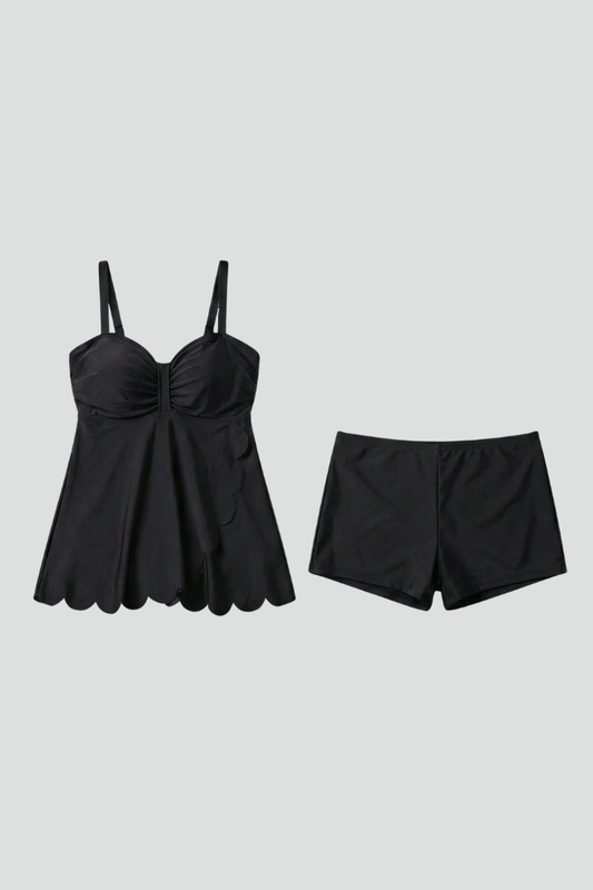 Astrid | Women’s Elegant Sweetheart Neck Black Tankini Set with Shorts