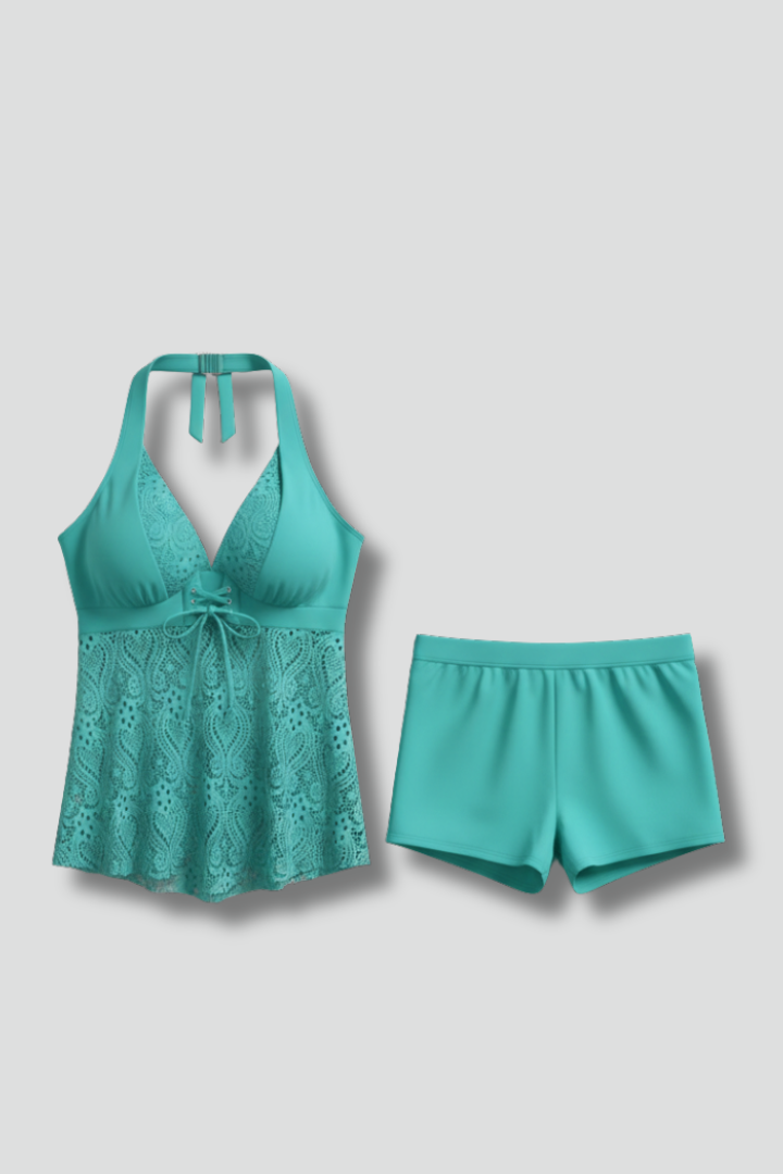 Calista | Women's V-Neck Lace Overlay Teal Tankini Set