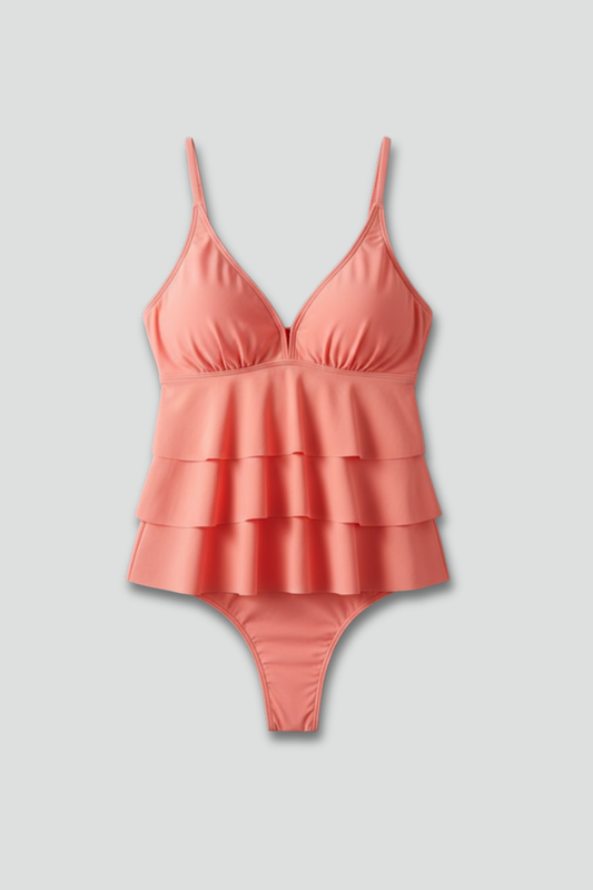 Alethea | Women’s Coral V-Neck Tiered Ruffle Tankini Set