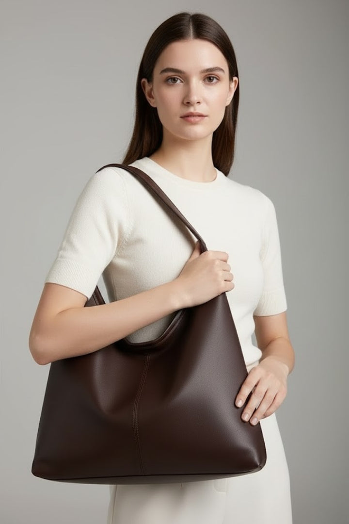 Astrid | Women’s Classic Tote Bag with Faux Outer and Large Inner Pocket - Rich Brown Soft Leather