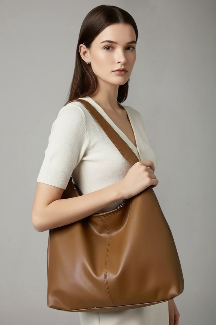 Astrid | Women’s Classic Tote Bag with Faux Outer and Large Inner Pocket - Rich Brown Soft Leather