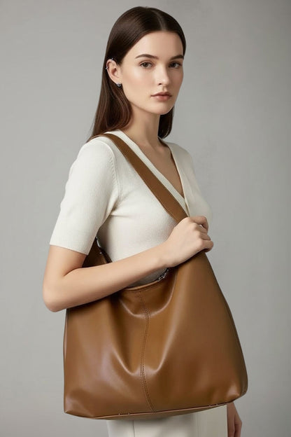 Astrid | Women’s Classic Tote Bag with Faux Outer and Large Inner Pocket - Rich Brown Soft Leather