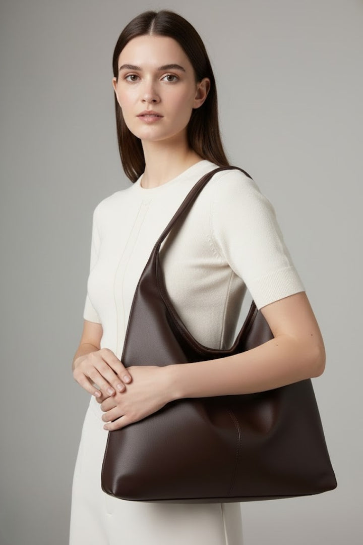 Astrid | Women’s Classic Tote Bag with Faux Outer and Large Inner Pocket - Rich Brown Soft Leather
