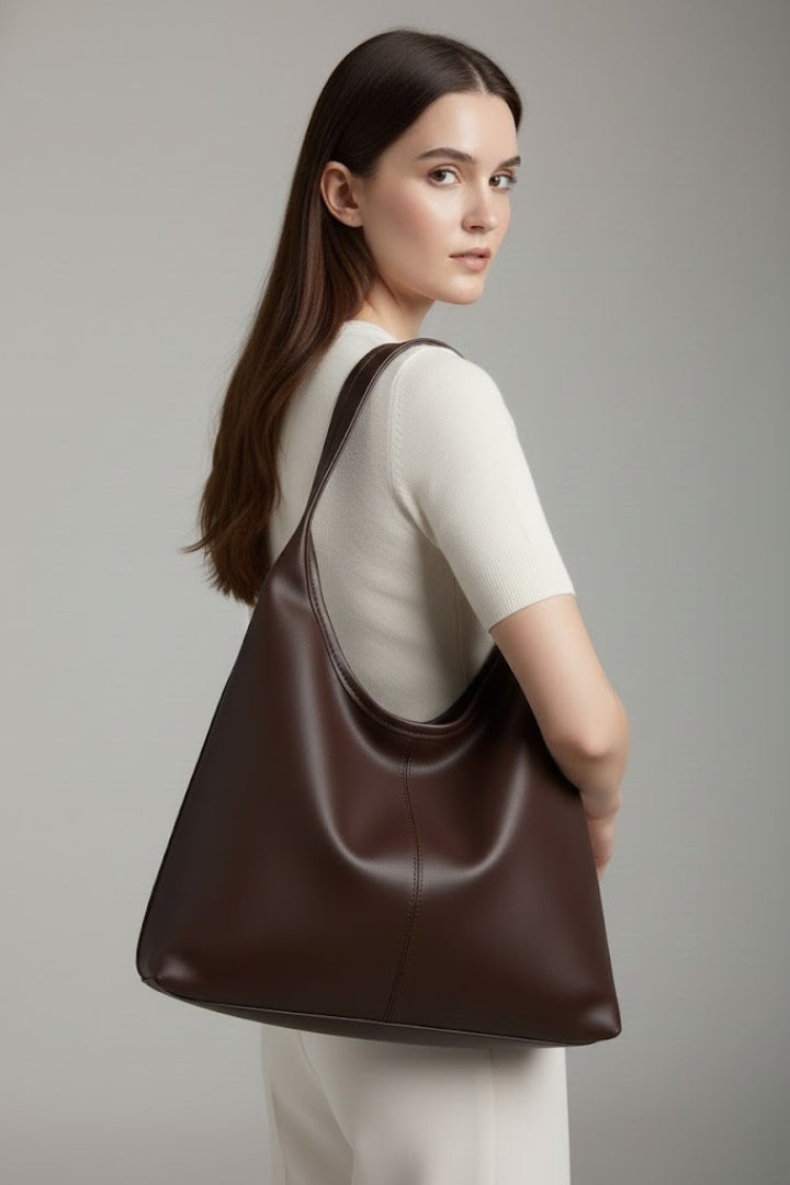 Astrid | Women’s Classic Tote Bag with Faux Outer and Large Inner Pocket - Rich Brown Soft Leather