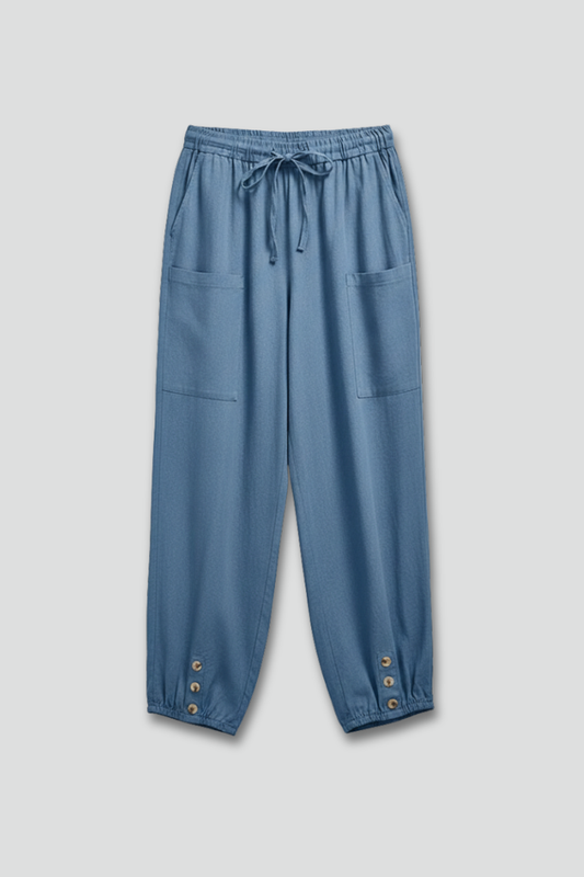 Astrid | Women’s Trousers with Drawstring Waist and Button Hem - Soft Blue Tapered Leg