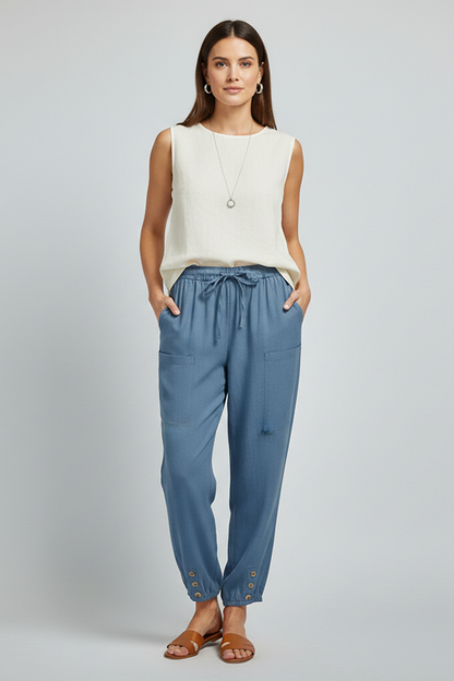 Astrid | Women’s Trousers with Drawstring Waist and Button Hem - Soft Blue Tapered Leg