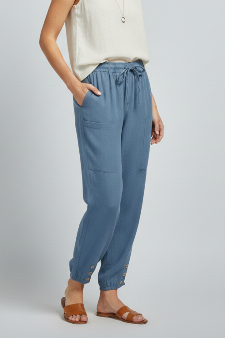 Astrid | Women’s Trousers with Drawstring Waist and Button Hem - Soft Blue Tapered Leg