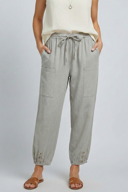 Astrid | Women’s Trousers with Drawstring Waist and Button Hem - Soft Blue Tapered Leg