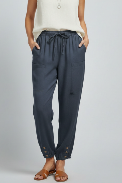 Astrid | Women’s Trousers with Drawstring Waist and Button Hem - Soft Blue Tapered Leg