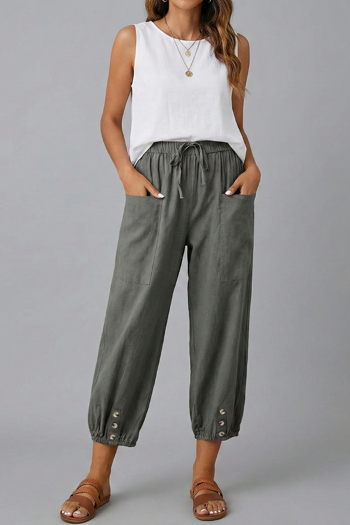 Astrid | Women’s Trousers with Drawstring Waist and Button Hem - Soft Blue Tapered Leg