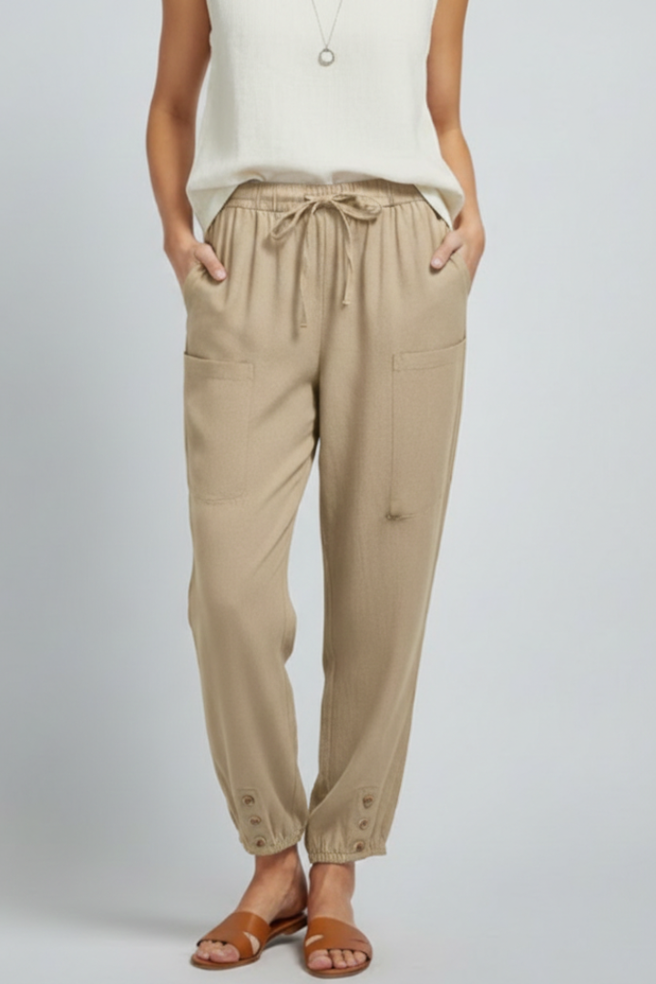 Astrid | Women’s Trousers with Drawstring Waist and Button Hem - Soft Blue Tapered Leg