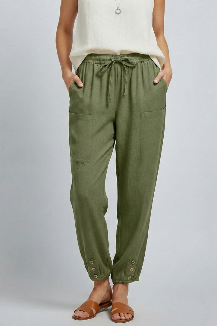 Astrid | Women’s Trousers with Drawstring Waist and Button Hem - Soft Blue Tapered Leg