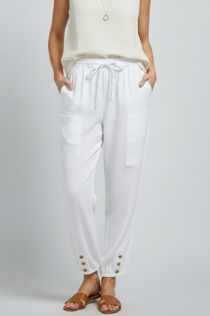 Astrid | Women’s Trousers with Drawstring Waist and Button Hem - Soft Blue Tapered Leg