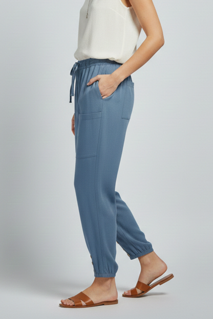 Astrid | Women’s Trousers with Drawstring Waist and Button Hem - Soft Blue Tapered Leg