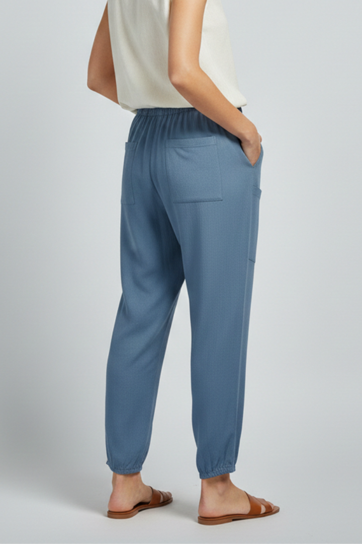 Astrid | Women’s Trousers with Drawstring Waist and Button Hem - Soft Blue Tapered Leg