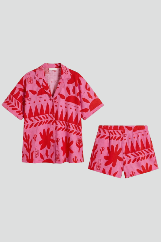 Astrid | Women’s Two Piece Set Printed Shorts in Pink Linen