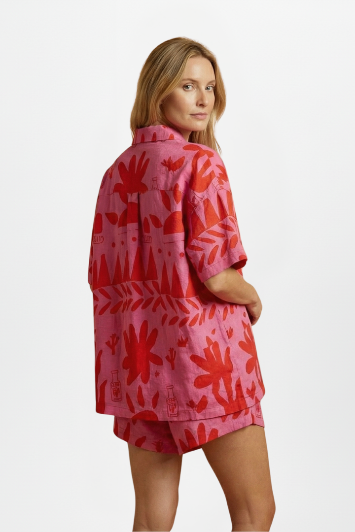 Astrid | Women’s Two Piece Set Printed Shorts in Pink Linen