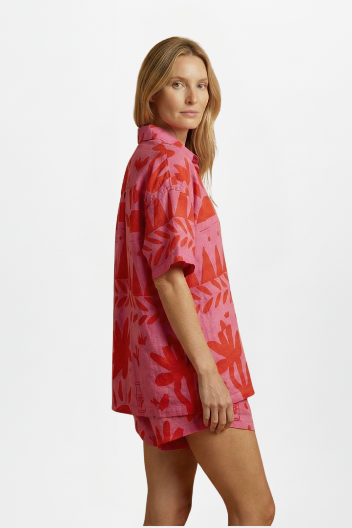 Astrid | Women’s Two Piece Set Printed Shorts in Pink Linen