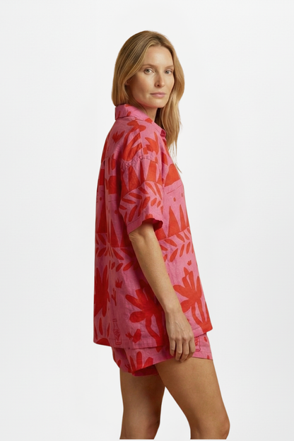 Astrid | Women’s Two Piece Set Printed Shorts in Pink Linen