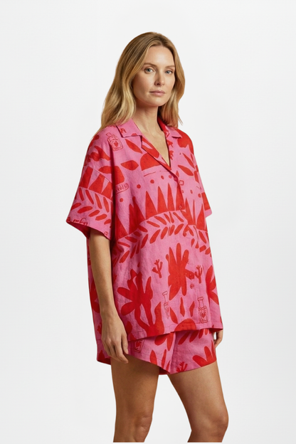 Astrid | Women’s Two Piece Set Printed Shorts in Pink Linen