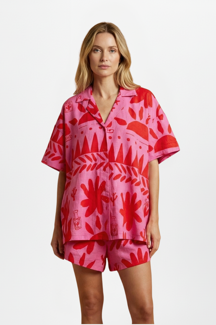 Astrid | Women’s Two Piece Set Printed Shorts in Pink Linen