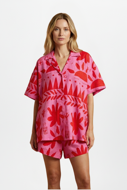 Astrid | Women’s Two Piece Set Printed Shorts in Pink Linen