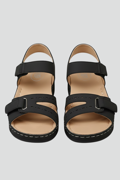 Astrid | Women’s Wedge Sandals Loop Straps Toe - Black Leather