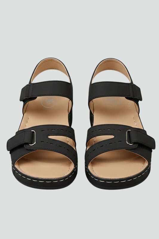 Astrid | Women’s Wedge Sandals Loop Straps Toe - Black Leather