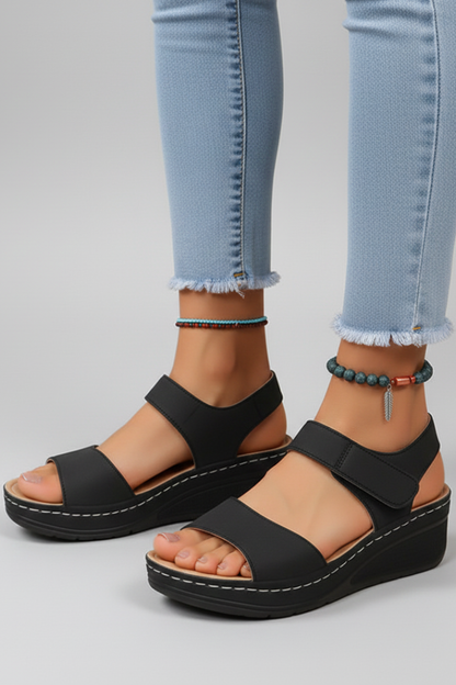 Astrid | Women’s Wedge Sandals Loop Straps Toe - Black Leather
