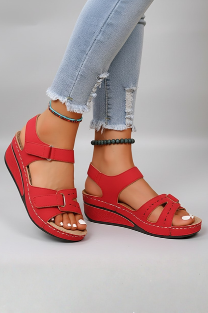 Astrid | Women’s Wedge Sandals Loop Straps Toe - Black Leather