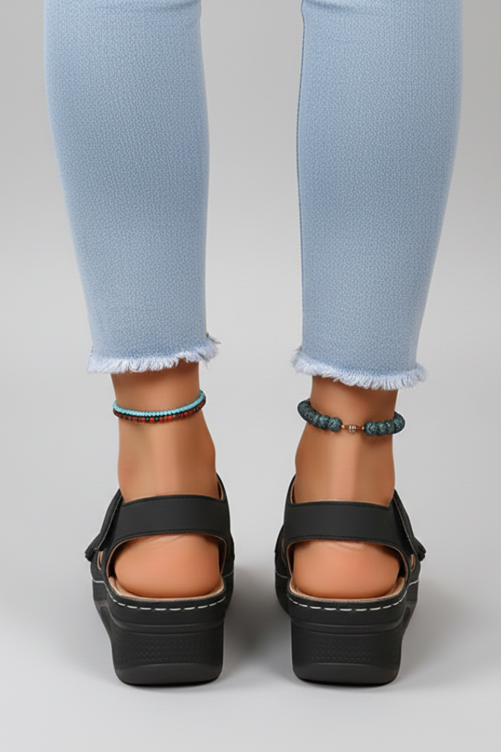 Astrid | Women’s Wedge Sandals Loop Straps Toe - Black Leather