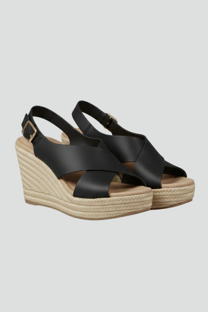 Aurelia | Black Leather Wedge Crossover Slingback Sandals