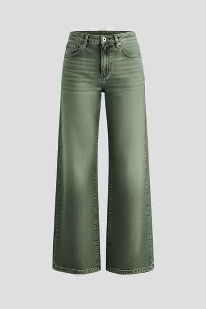 Alethea | Olive Green Women’s Casual Wide-Leg High-Rise Denim Jeans