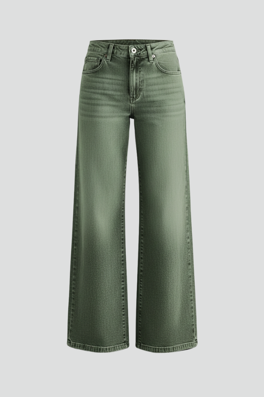 Alethea | Olive Green Women’s Casual Wide-Leg High-Rise Denim Jeans