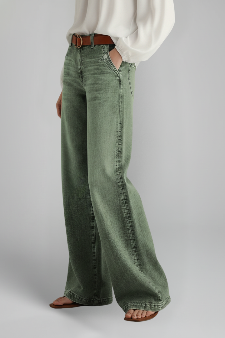 Alethea | Olive Green Women’s Casual Wide-Leg High-Rise Denim Jeans